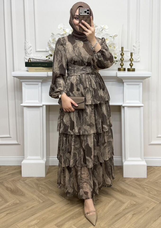 Asel Katlı Şifon Elbise Kahve