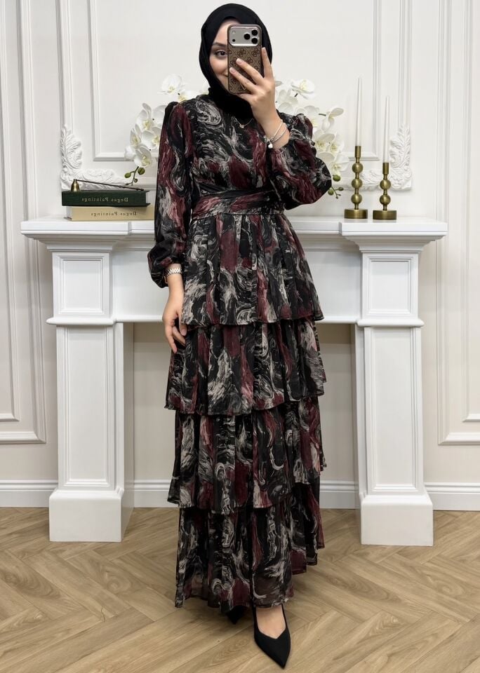 Asel Katlı Şifon Elbise Siyah