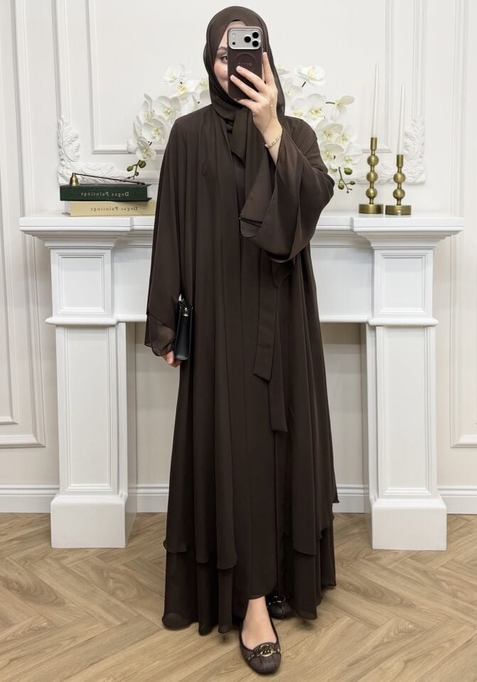 Diamond Abaya Takım Kahverengi