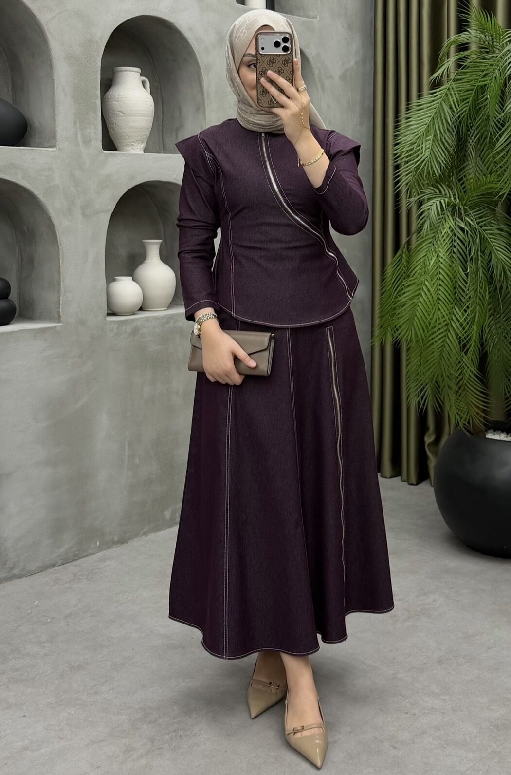 Lusso Fermuarlı Etekli Takım Mürdüm