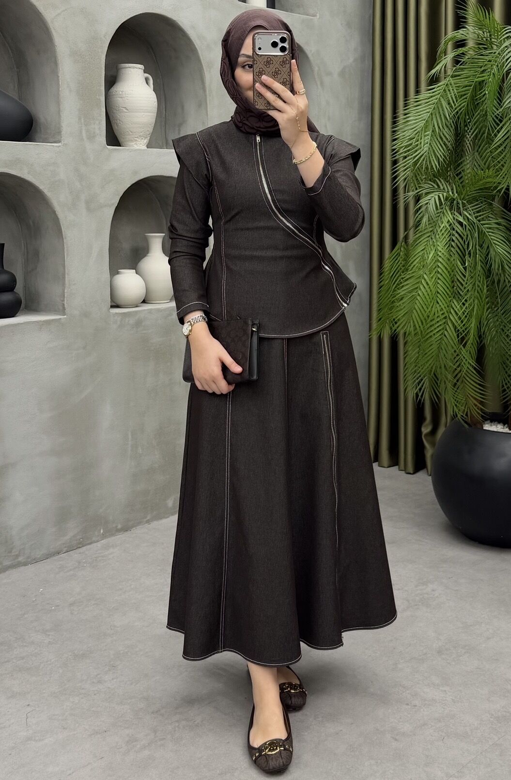 Lusso Fermuarlı Etekli Takım Kahve