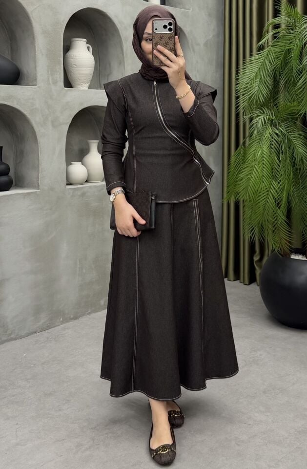 Lusso Fermuarlı Etekli Takım Kahve