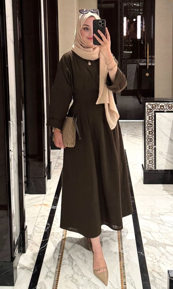 Sara Keten Elbise Kahverengi