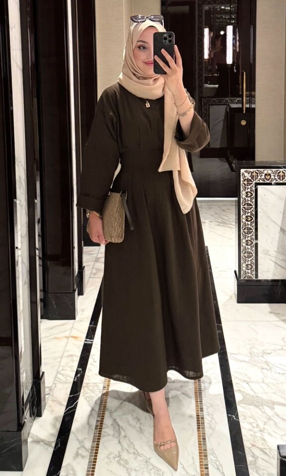 Sara Keten Elbise Kahverengi