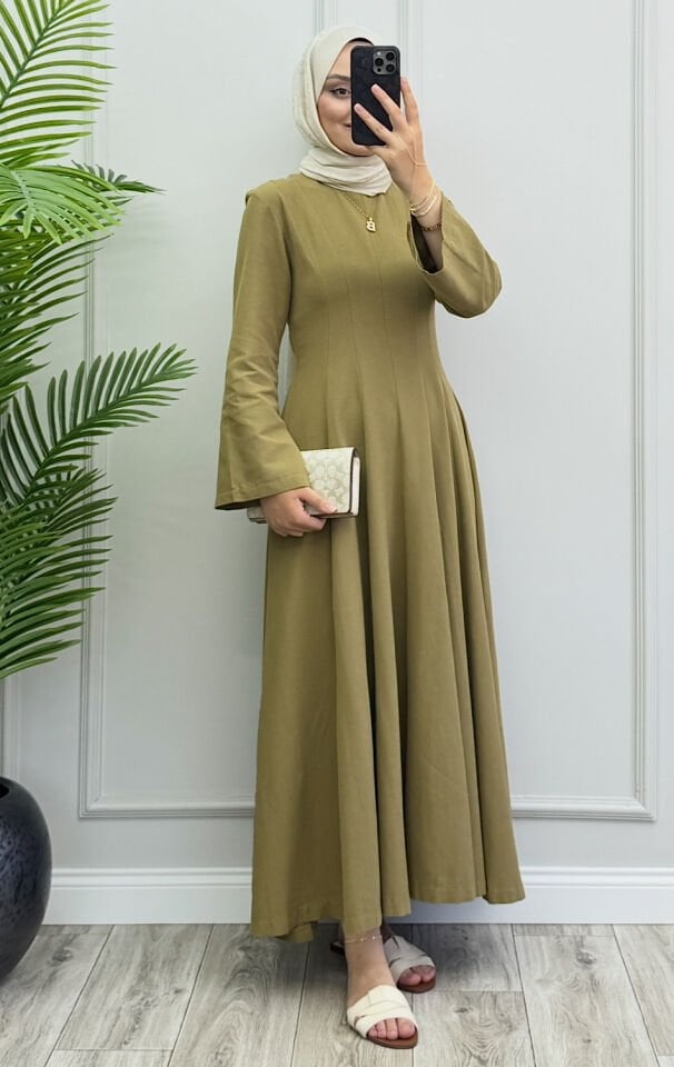 Kayla Keten Elbise Yağ Yeşili