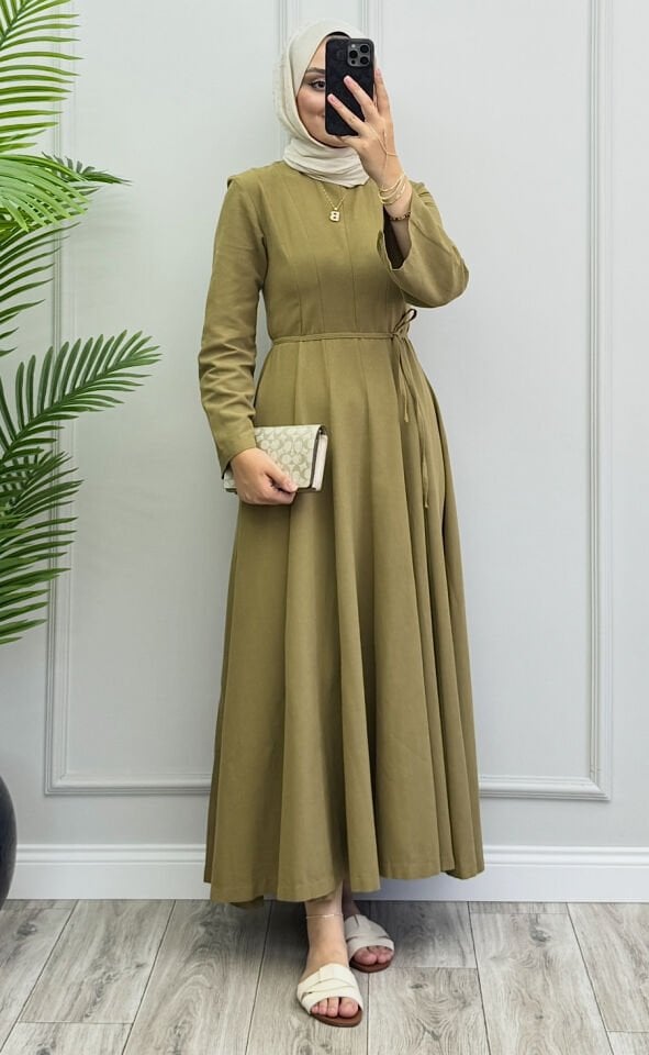 Kayla Keten Elbise Yağ Yeşili