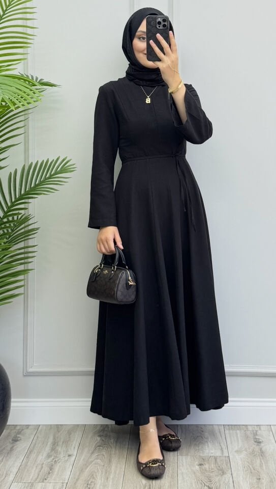 Kayla Keten Elbise Siyah