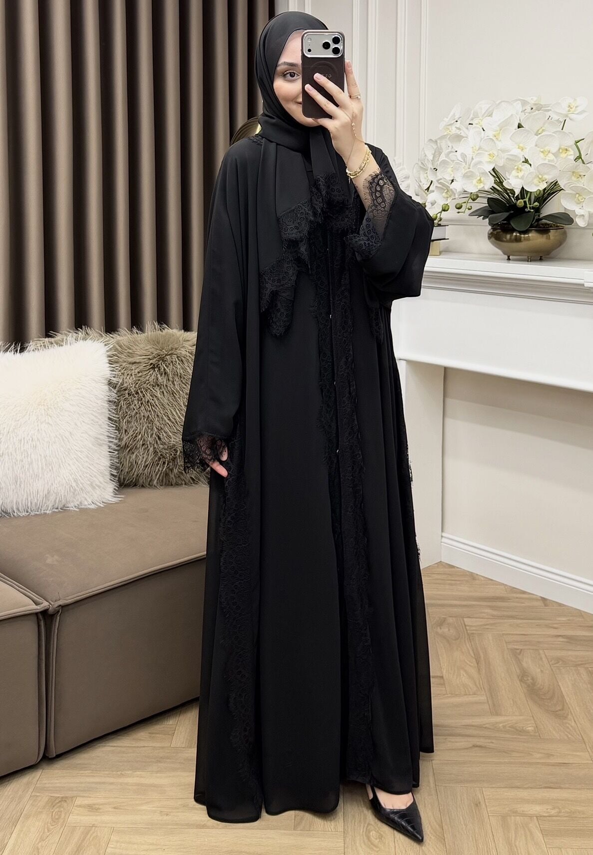 Beyda Dantelli Şifon Abaya Siyah