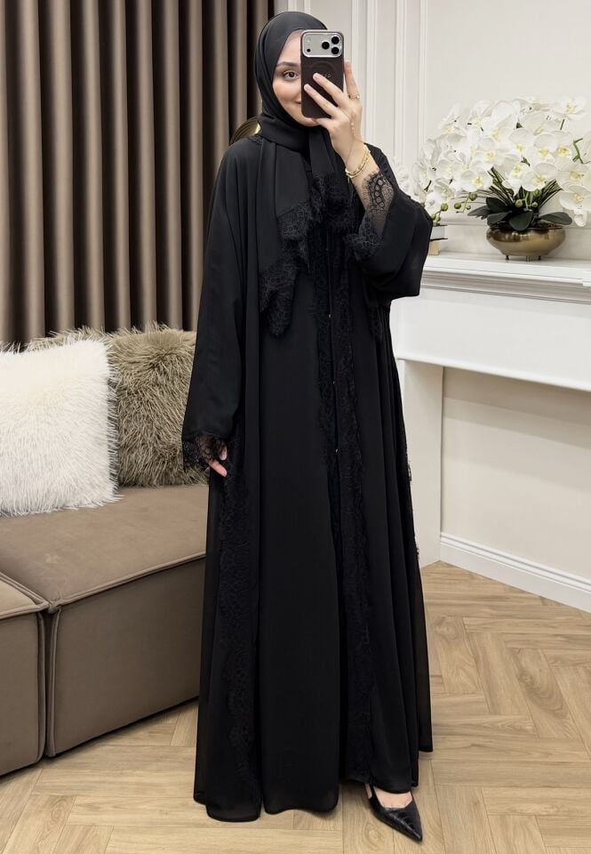 Beyda Dantelli Şifon Abaya Siyah