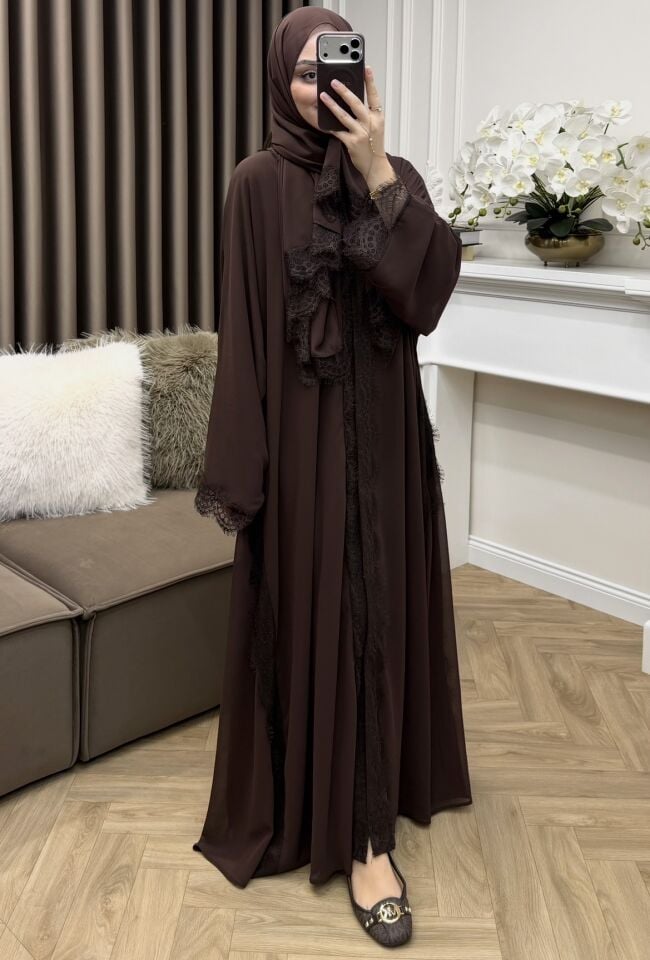 Beyda Dantelli Şifon Abaya Kahve