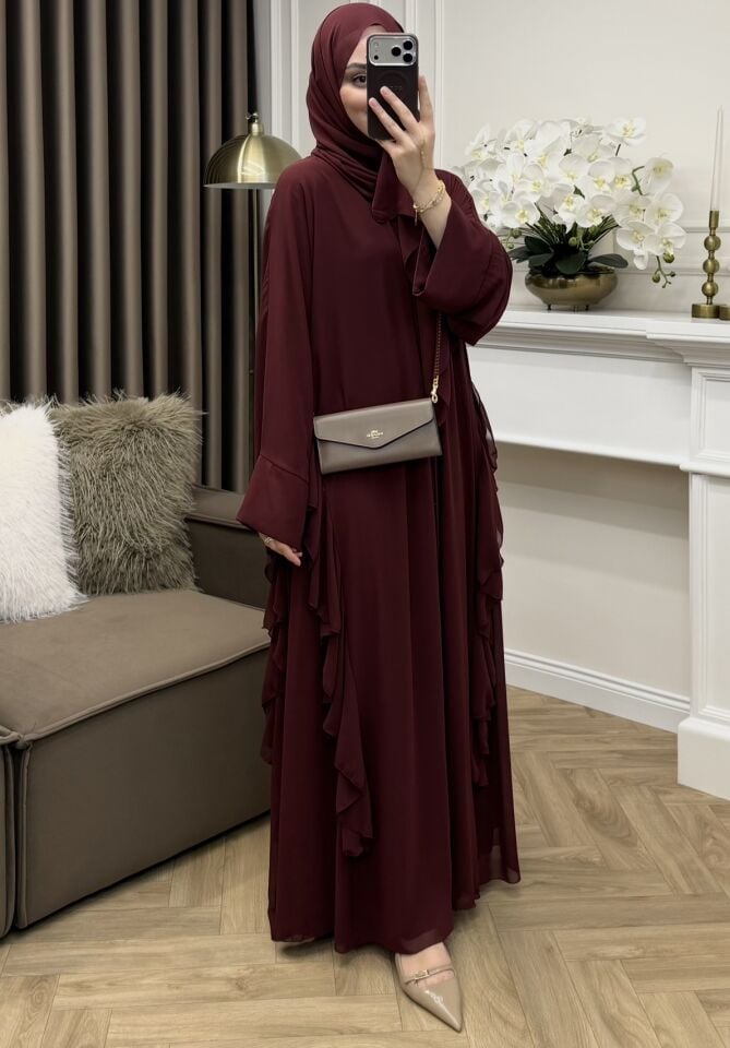 Solena Fırfırlı Şifon Abaya Bordo
