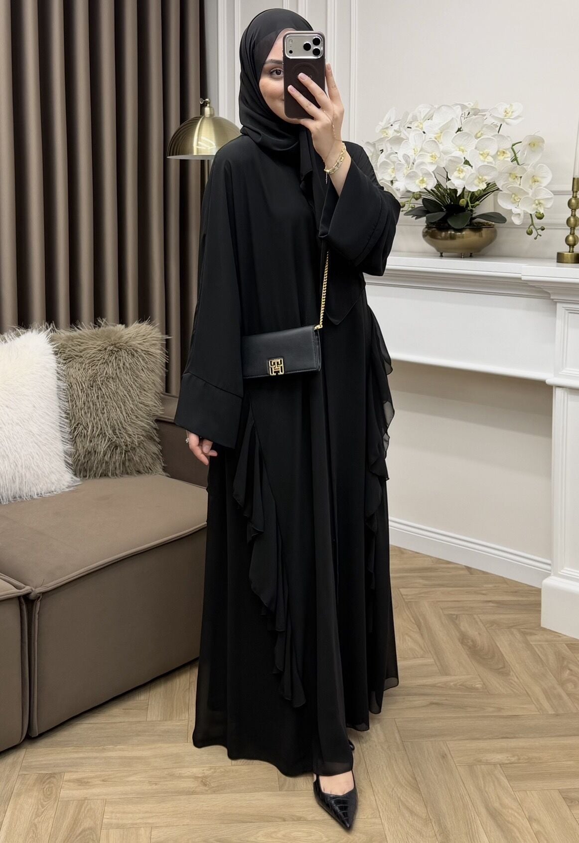 Solena Fırfırlı Şifon Abaya Siyah