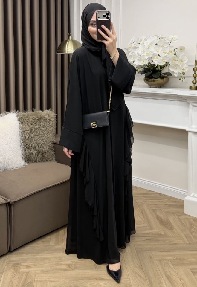 Solena Fırfırlı Şifon Abaya Siyah
