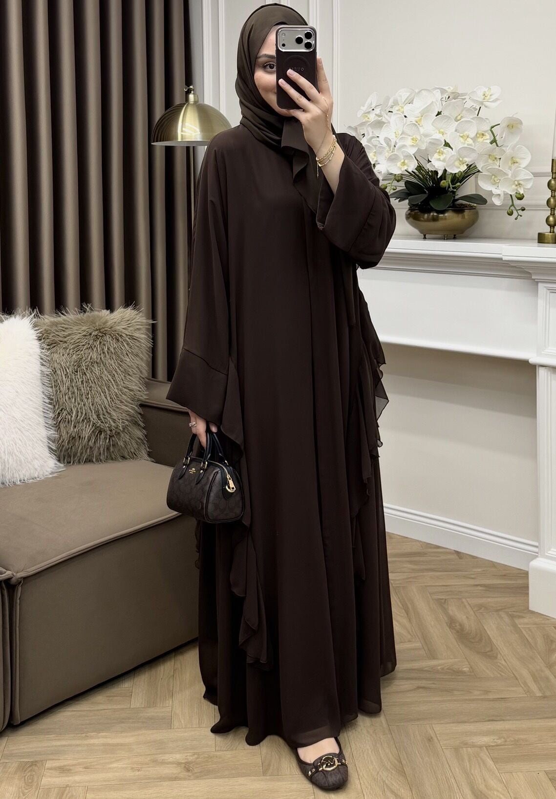 Solena Fırfırlı Şifon Abaya Kahve