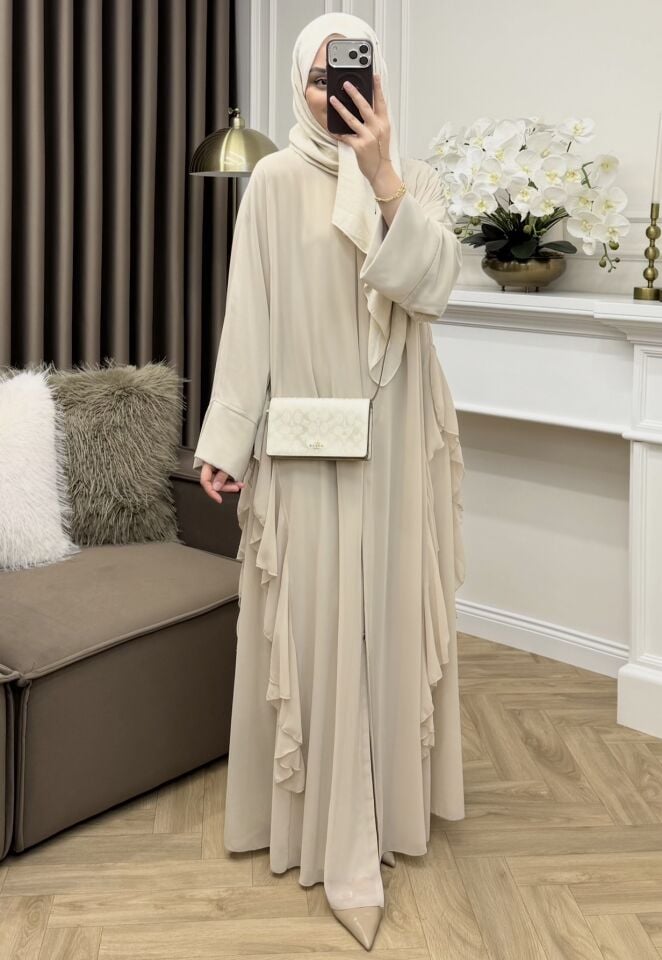 Solena Fırfırlı Şifon Abaya Taş