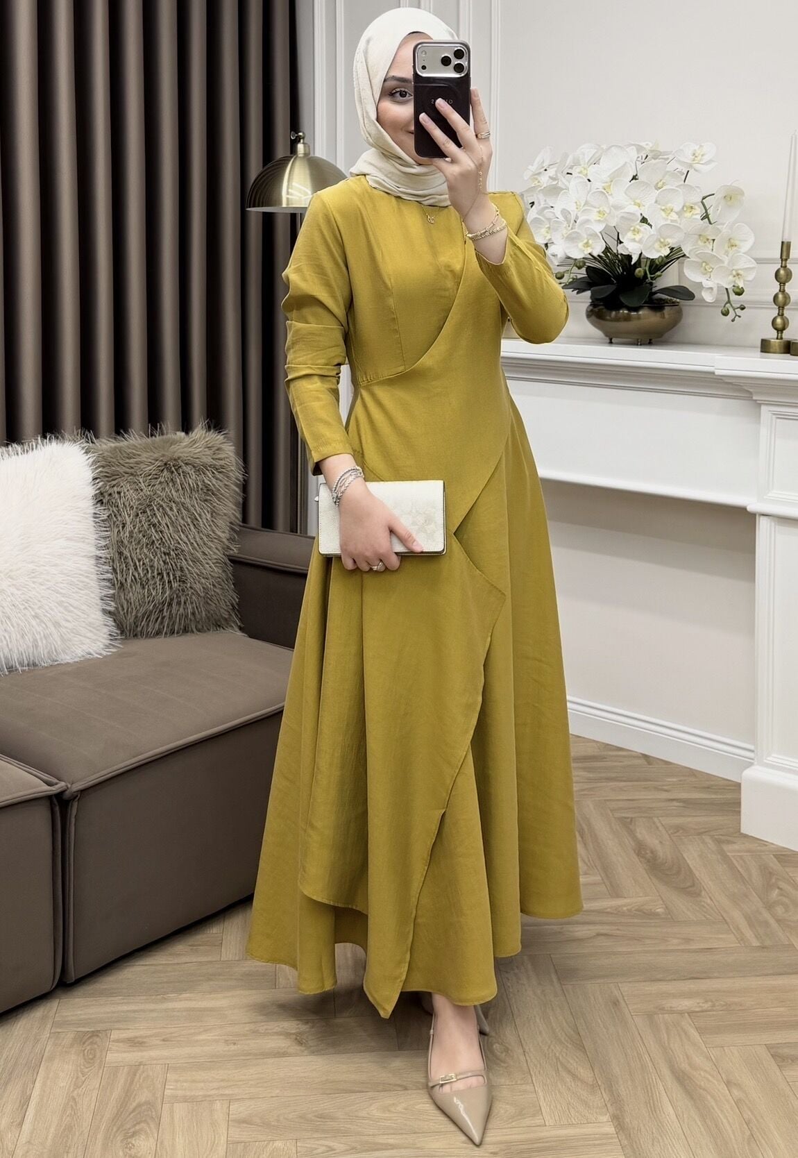 Fulya Tensel Cupra Elbise Yağ Yeşili