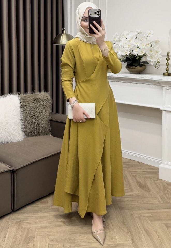 Fulya Tensel Cupra Elbise Yağ Yeşili