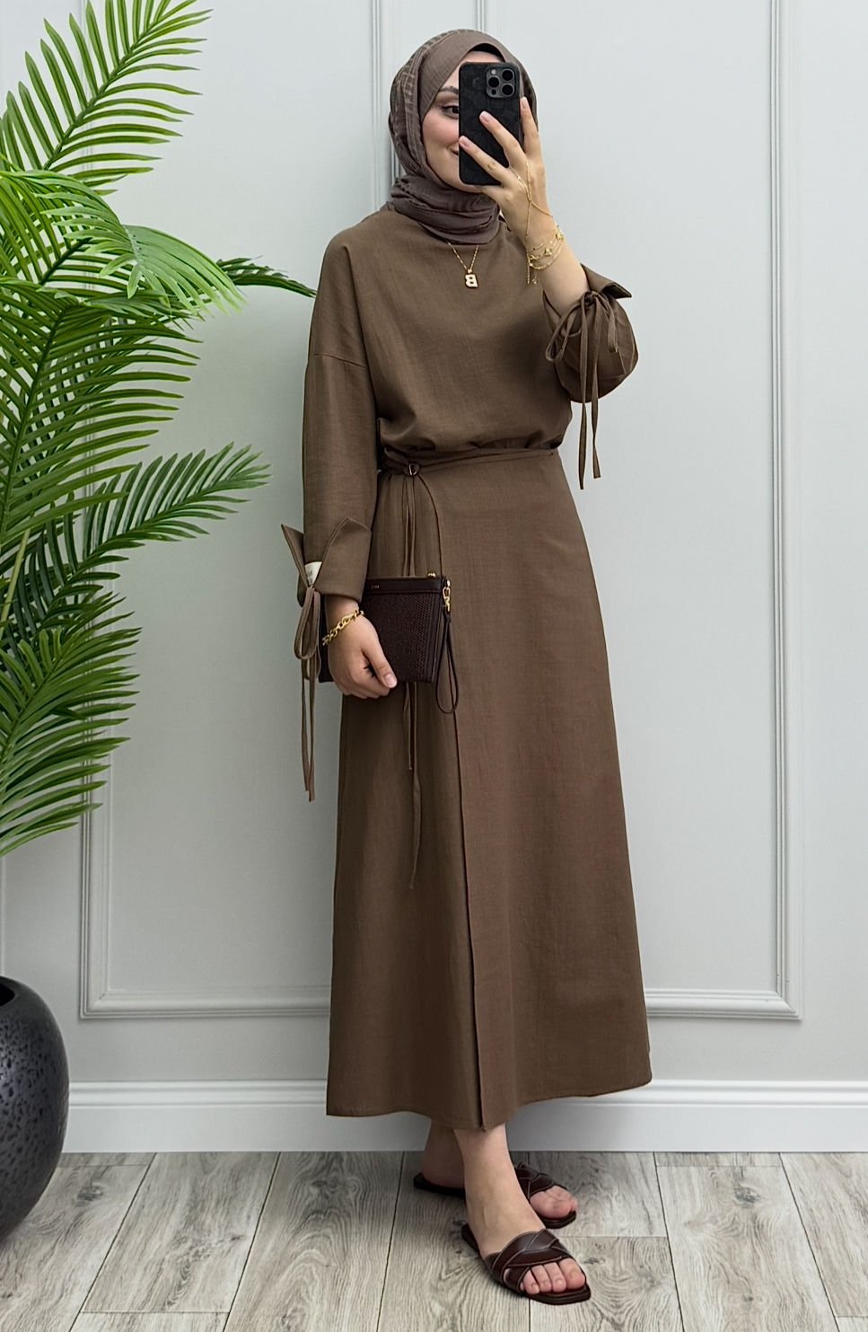 Anvelop Keten Etekli Takım Kahverengi