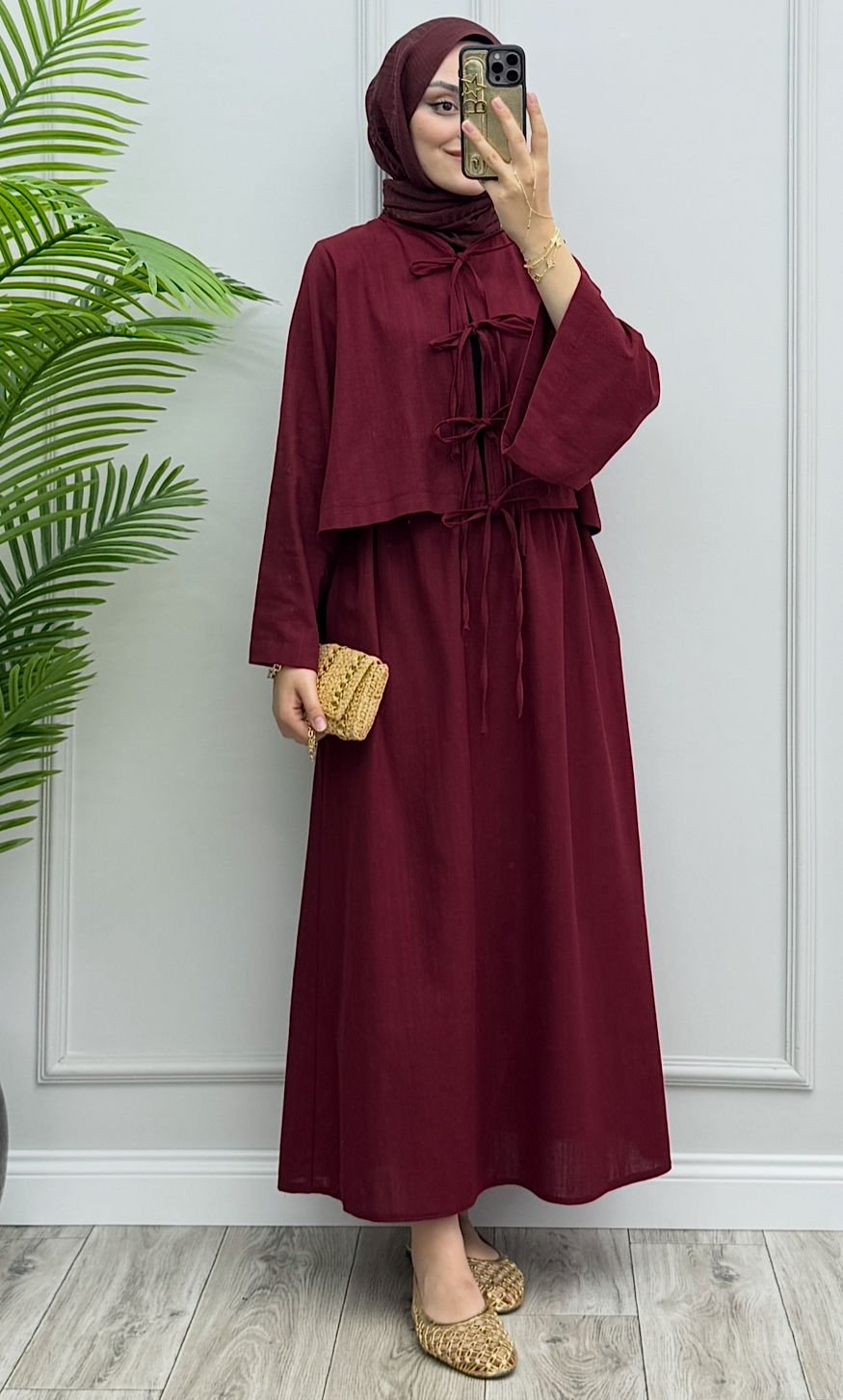 Bağlamalı Keten Etekli Takım Bordo