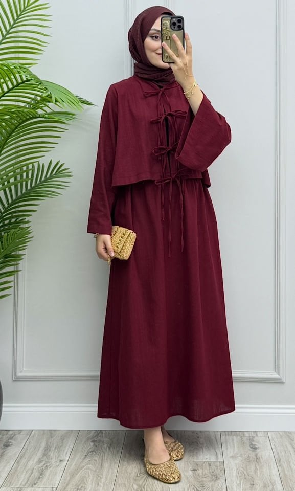 Bağlamalı Keten Etekli Takım Bordo