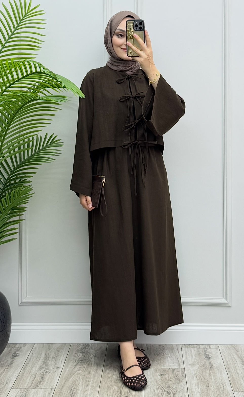 Bağlamalı Keten Etekli Takım Kahverengi