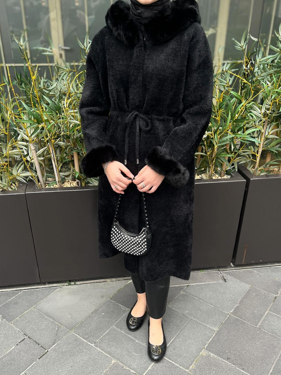 İthal Angora Şeritli Kaban Siyah