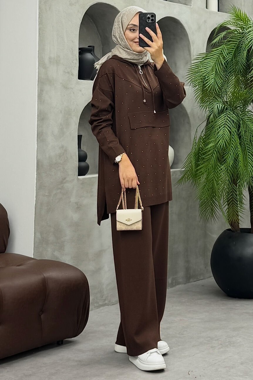 Rozi Taşlı Merserize Takım Kahverengi