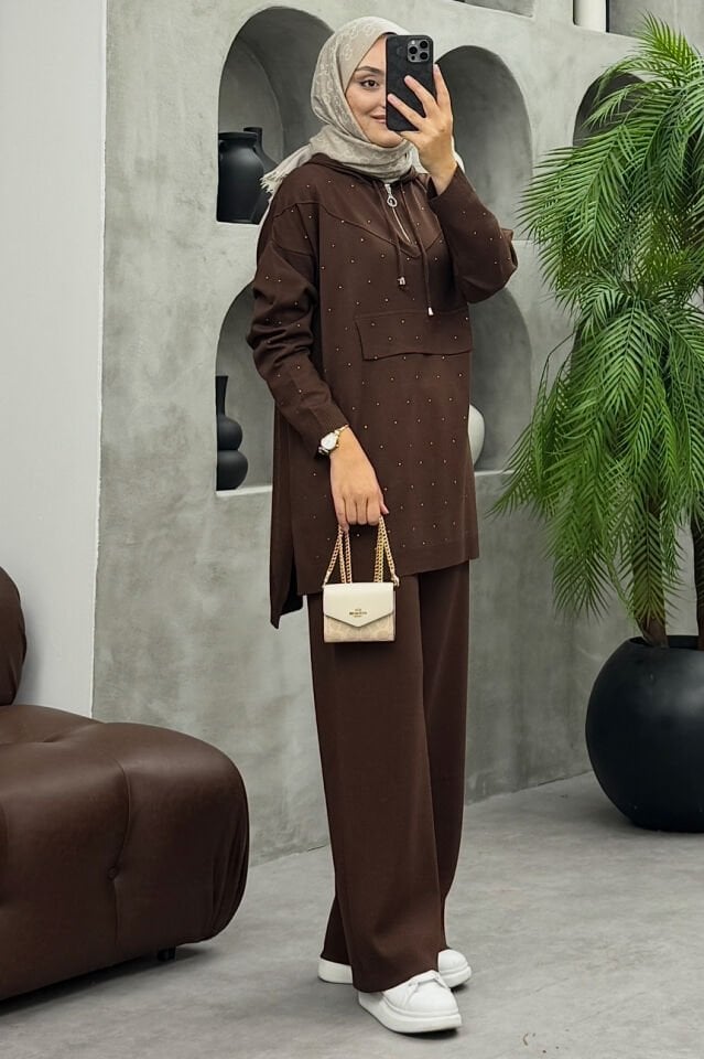 Rozi Taşlı Merserize Takım Kahverengi