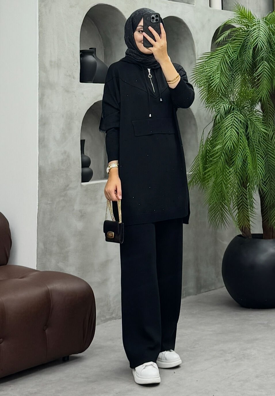 Rozi Taşlı Merserize Takım Siyah