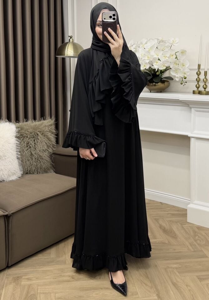 Benan Taşlı Şifon Elbise Siyah (Ön Sipariş)