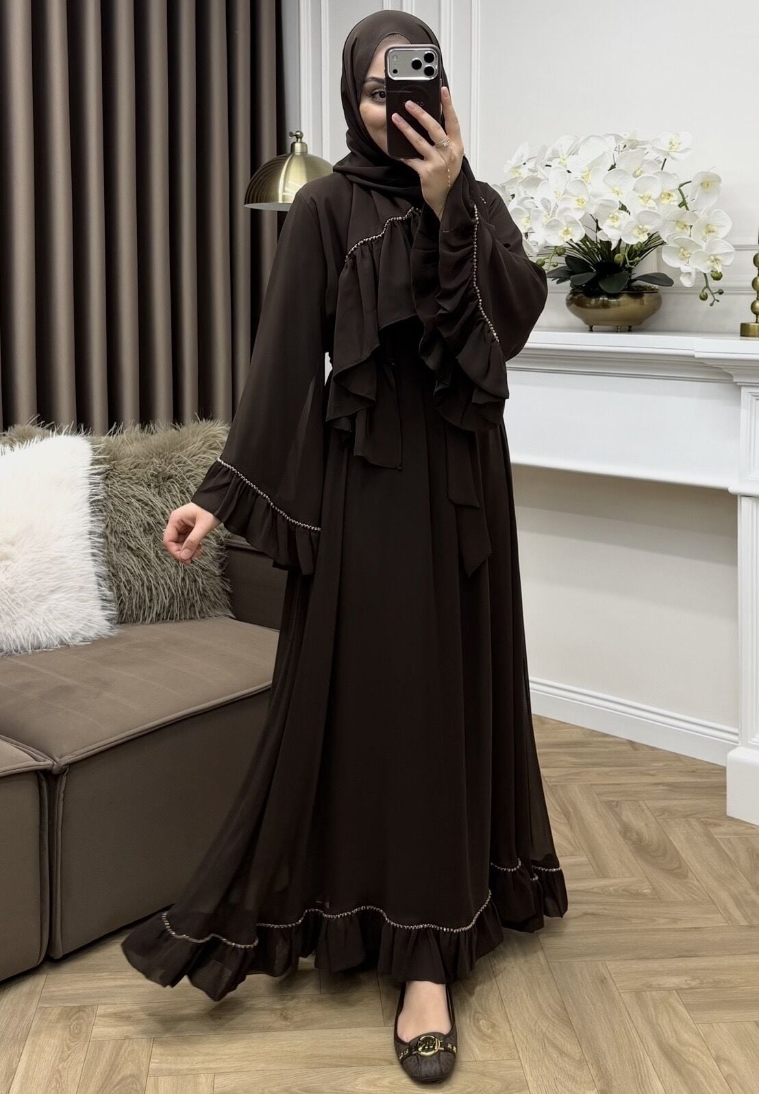 Benan Taşlı Şifon Elbise Kahve