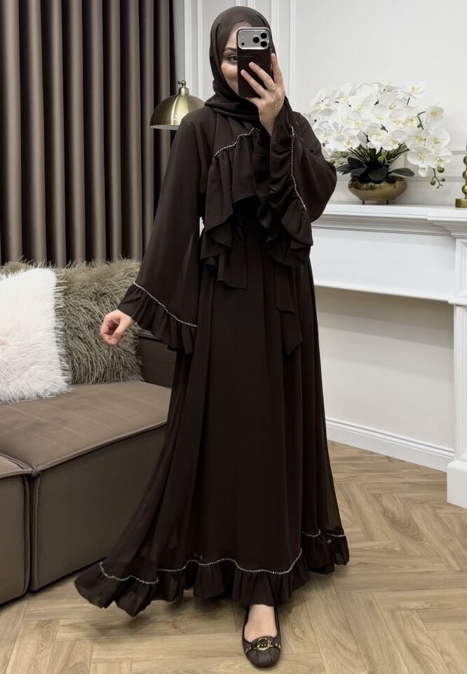 Benan Taşlı Şifon Elbise Kahve