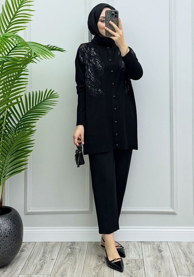 Hare Merserize Hırka Siyah