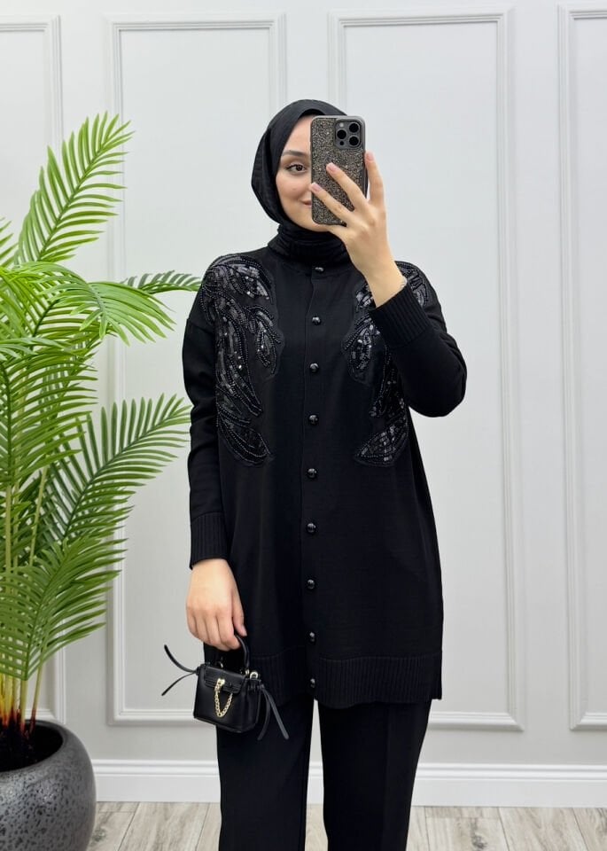 Hare Merserize Hırka Siyah