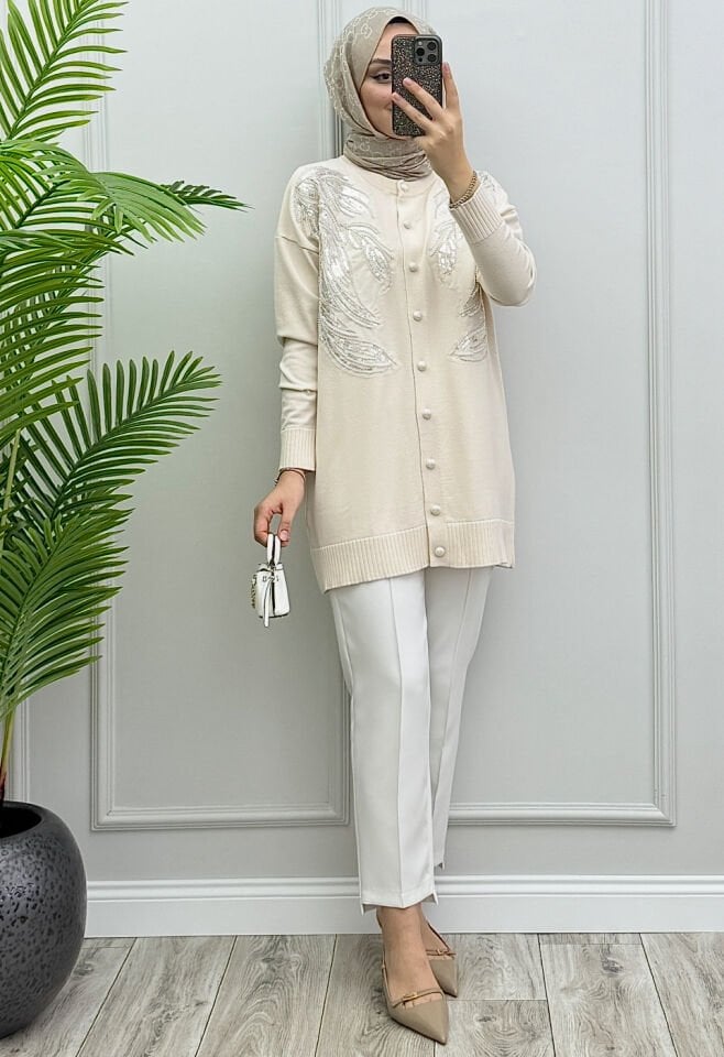 Hare Merserize Hırka Ekru