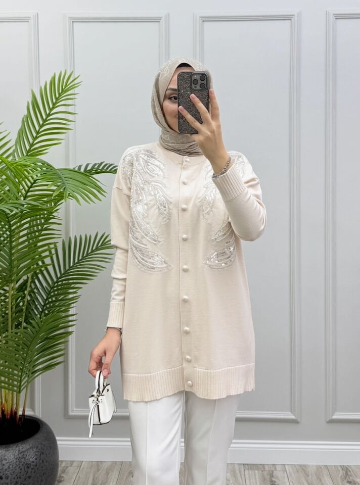 Hare Merserize Hırka Ekru