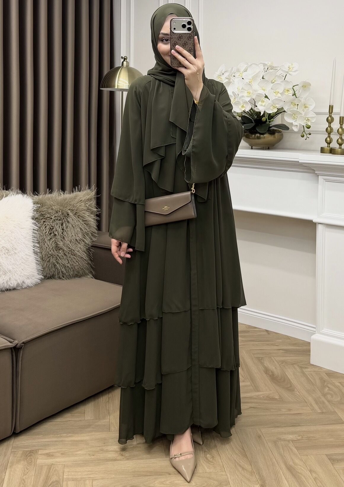 Zahira Katlı Şifon Abaya Haki