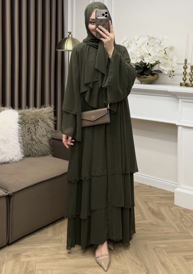 Zahira Katlı Şifon Abaya Haki
