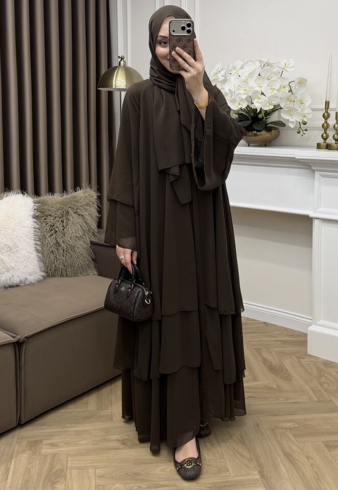 Zahira Katlı Şifon Abaya Kahve
