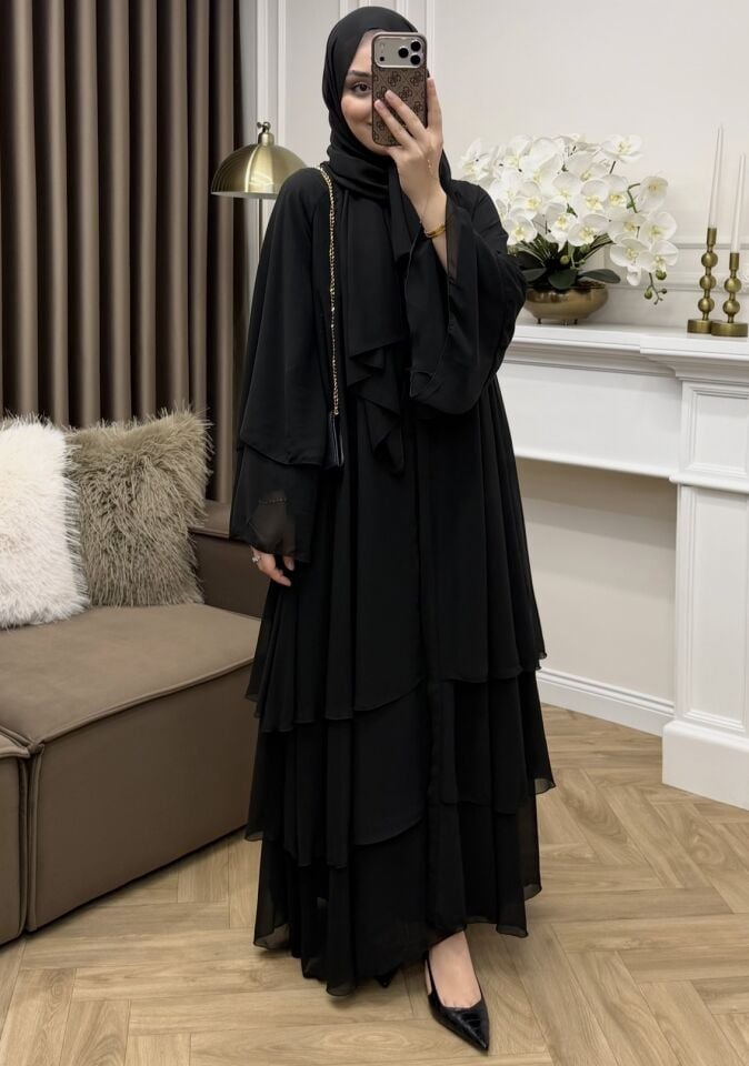 Zahira Katlı Şifon Abaya Siyah