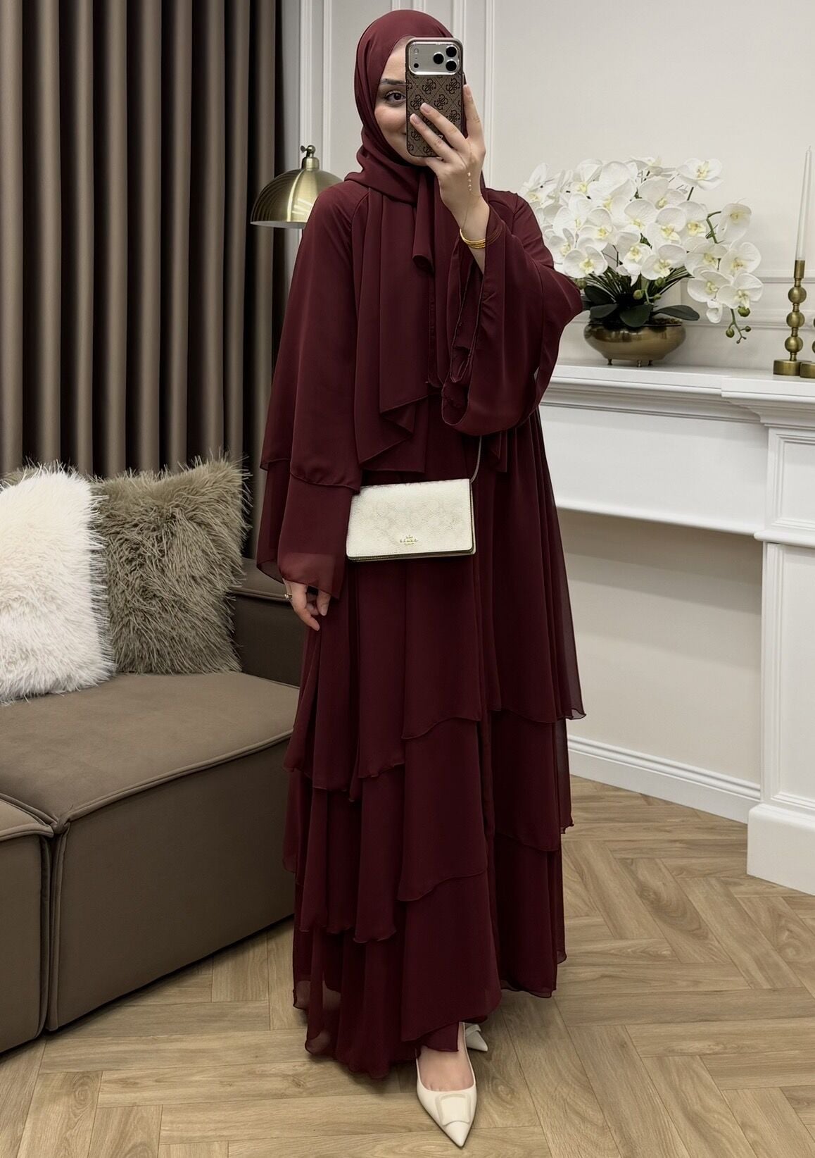 Zahira Katlı Şifon Abaya Bordo