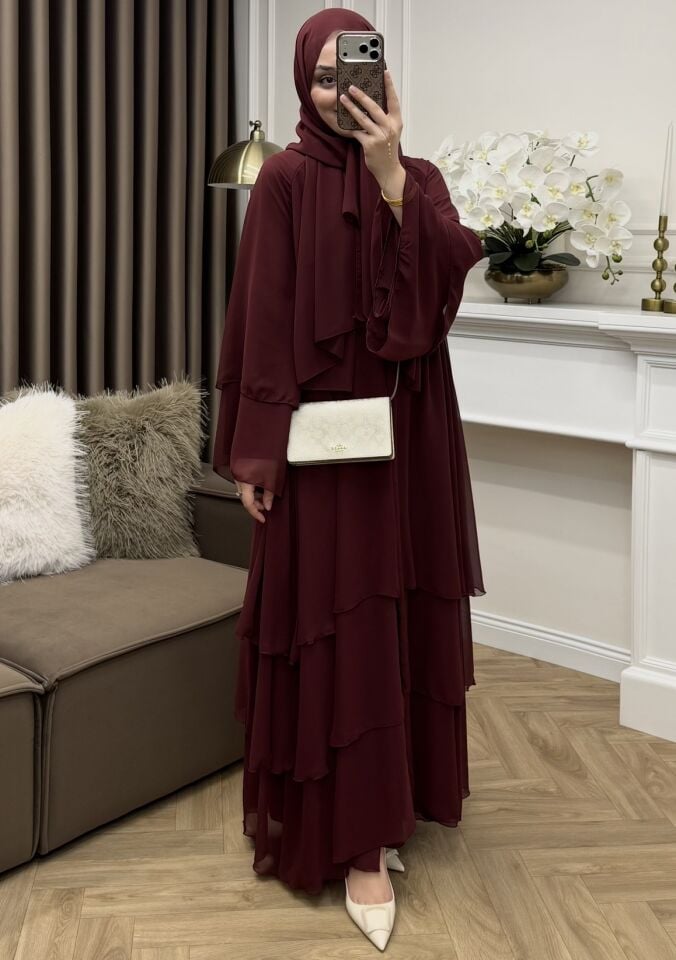 Zahira Katlı Şifon Abaya Bordo