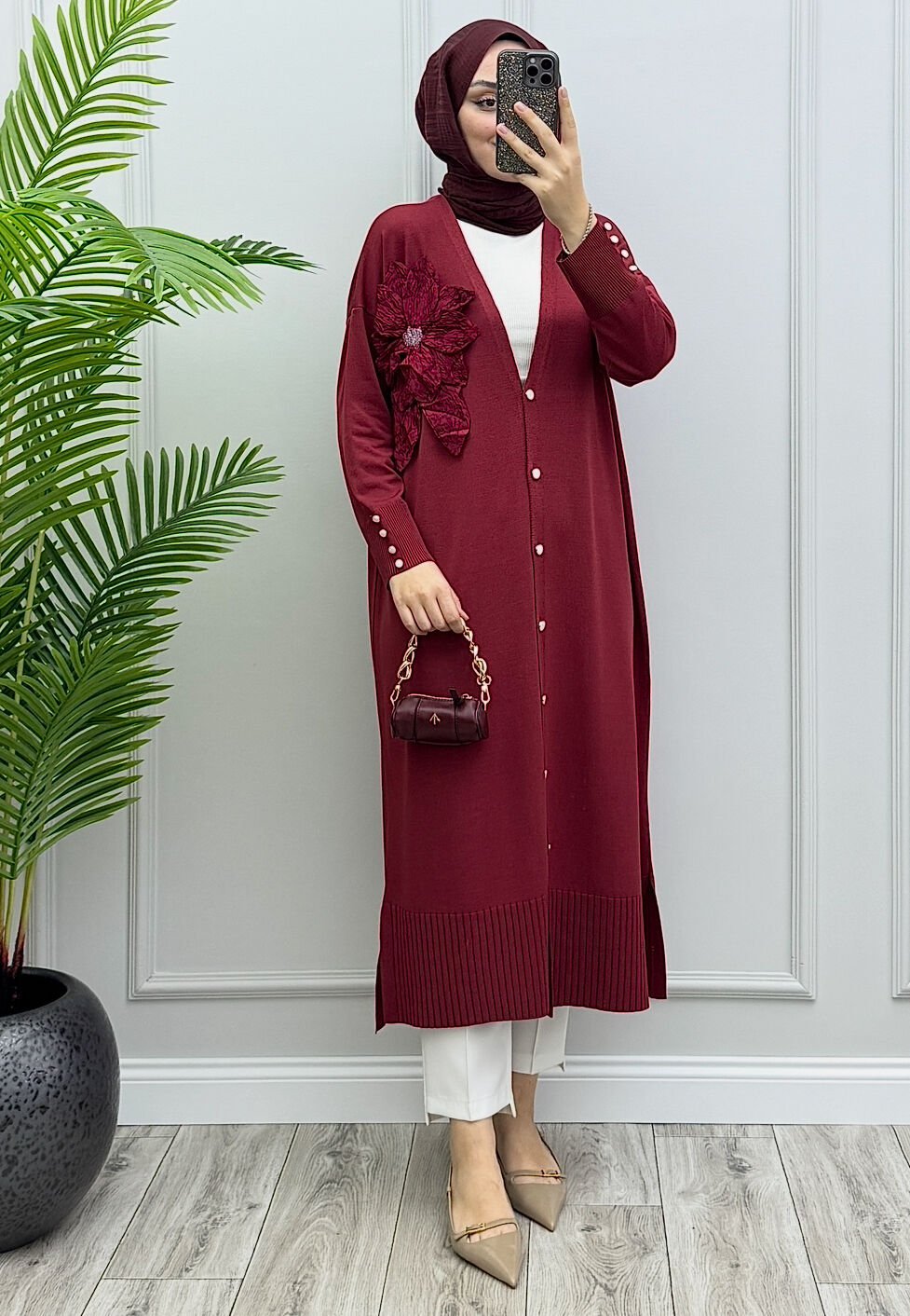 Rose Merserize Hırka Bordo