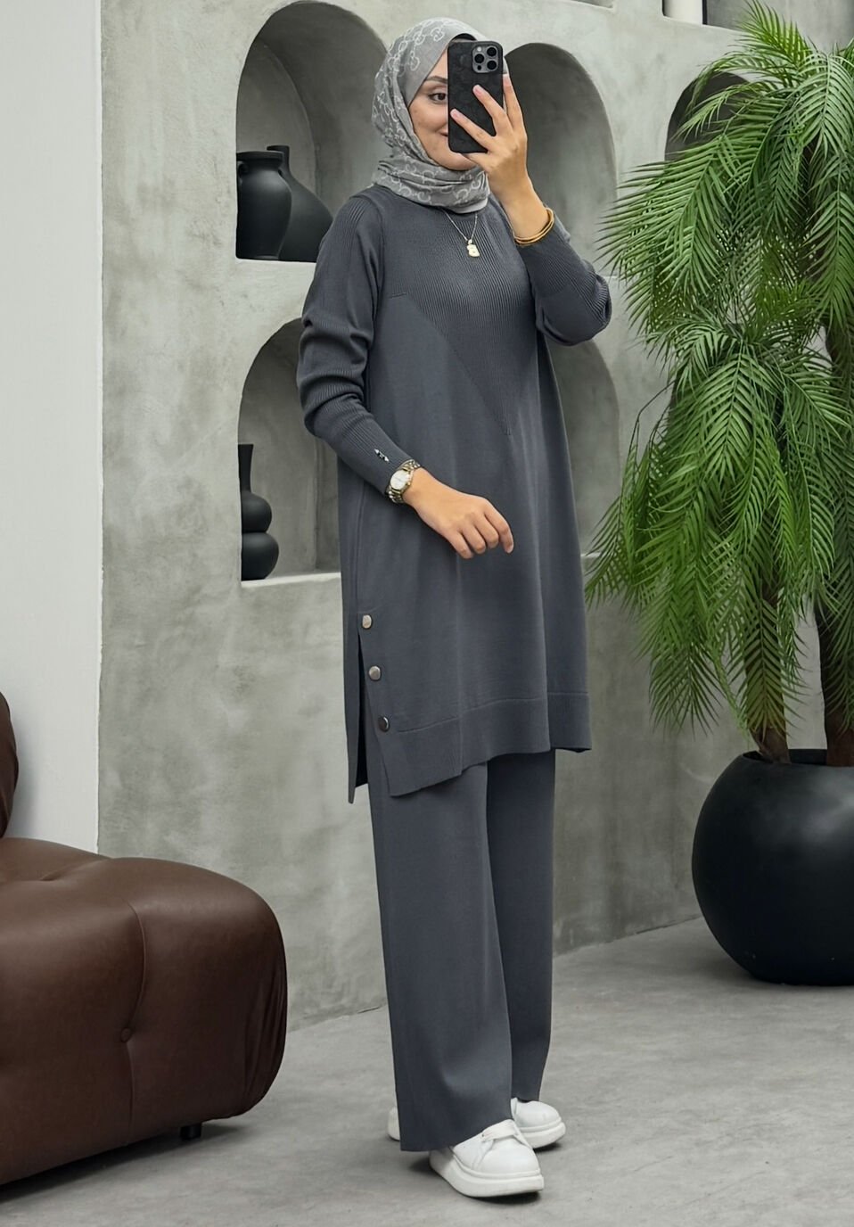 Mia Düğmeli Merserize Takım Antrasit