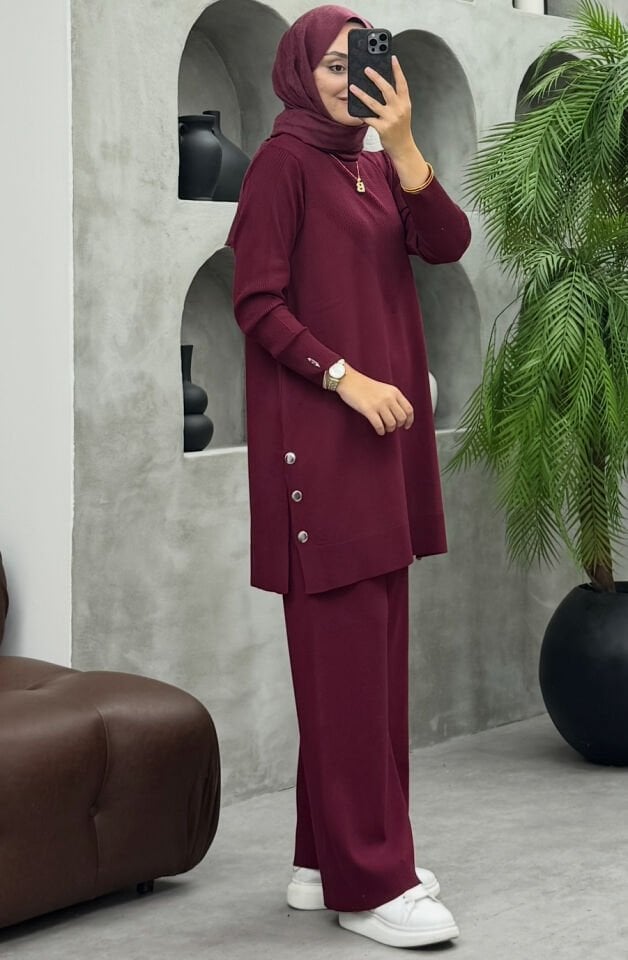 Mia Düğmeli Merserize Takım Bordo