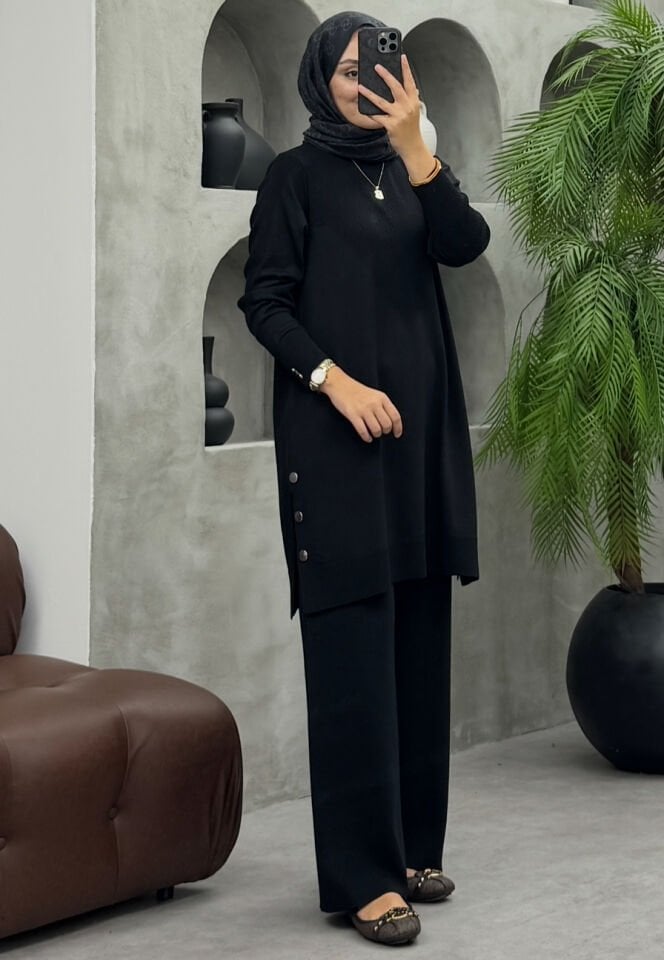 Mia Düğmeli Merserize Takım Siyah