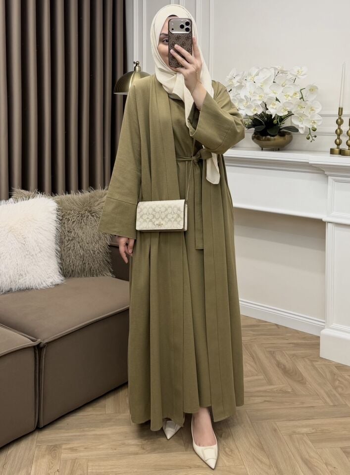 Linen Keten Abaya Takım Haki
