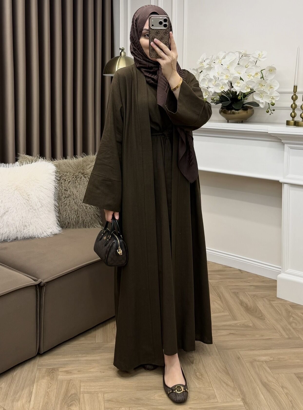 Linen Keten Abaya Takım Kahve