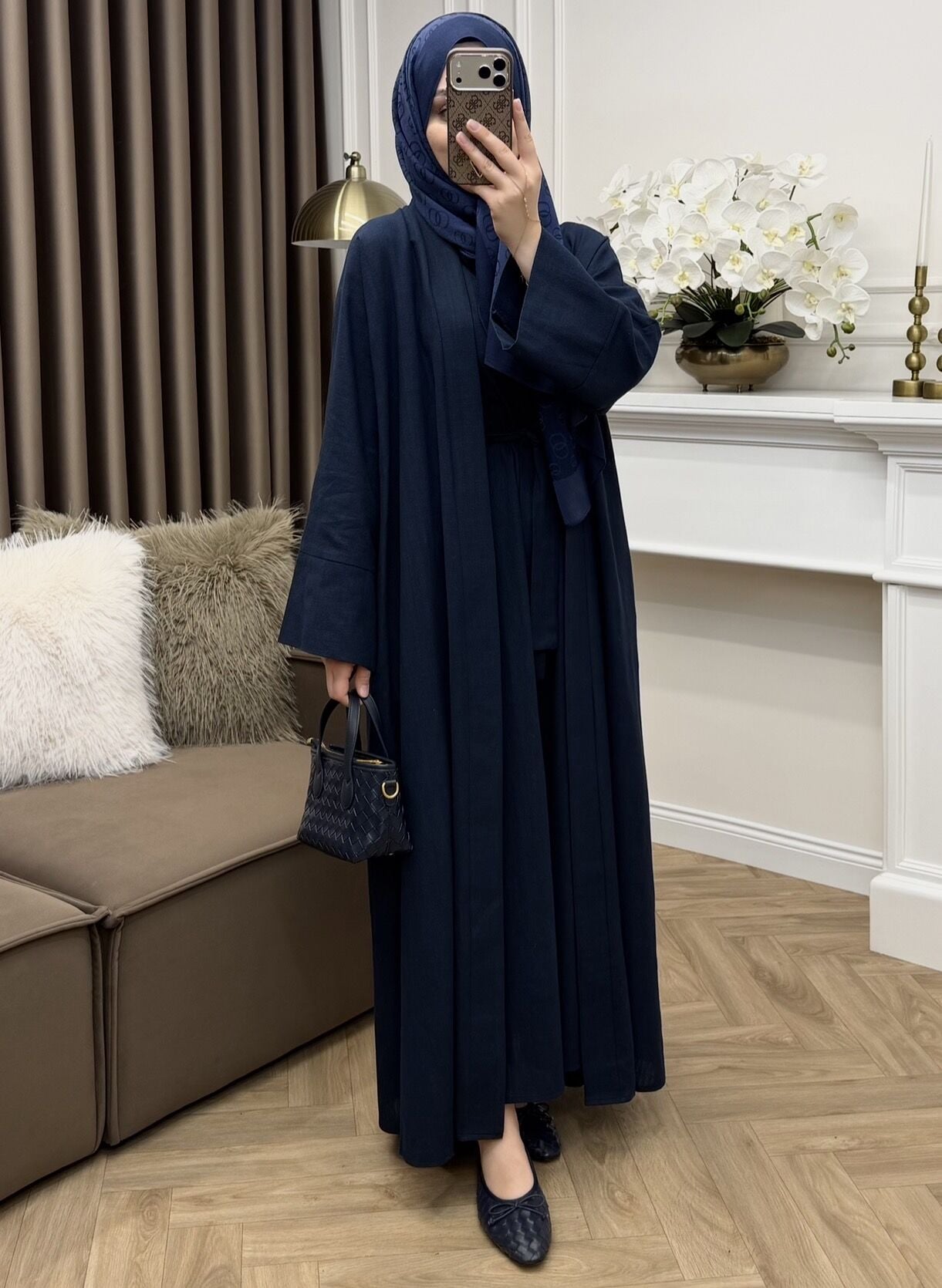 Linen Keten Abaya Takım Lacivert