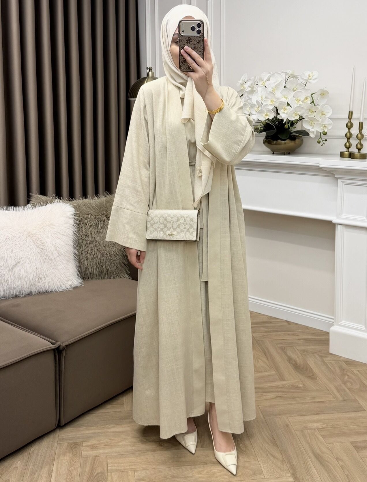 Linen Keten Abaya Takım Bej